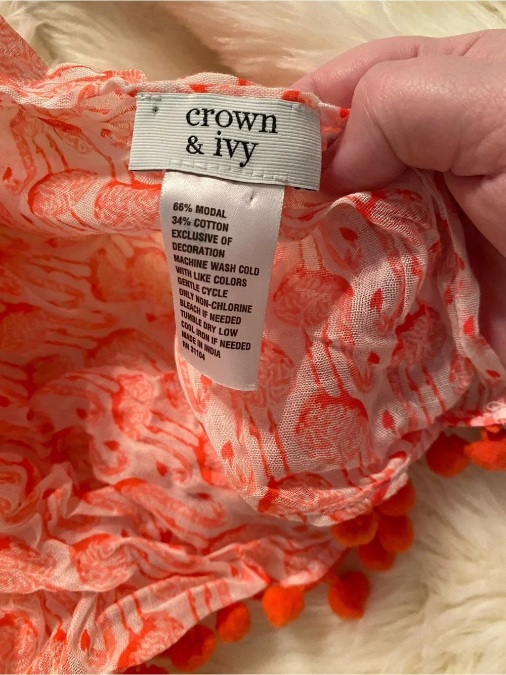 crown & ivy Coral and White flamingo Pom-Pom Scarf